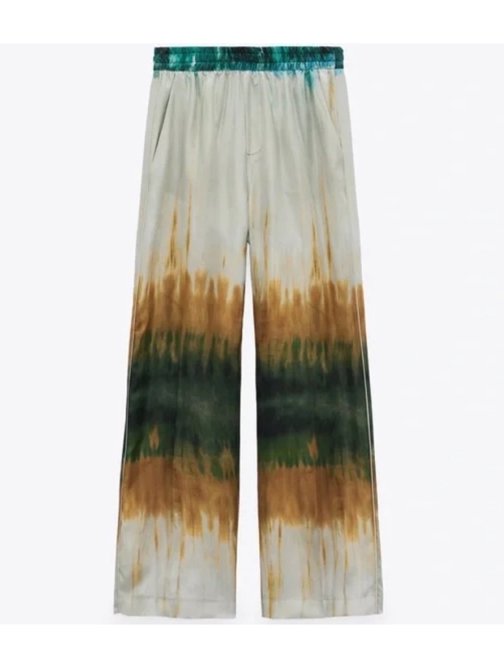 Zara Silk Tie Dye Wide-Leg Pants - Green & Brown